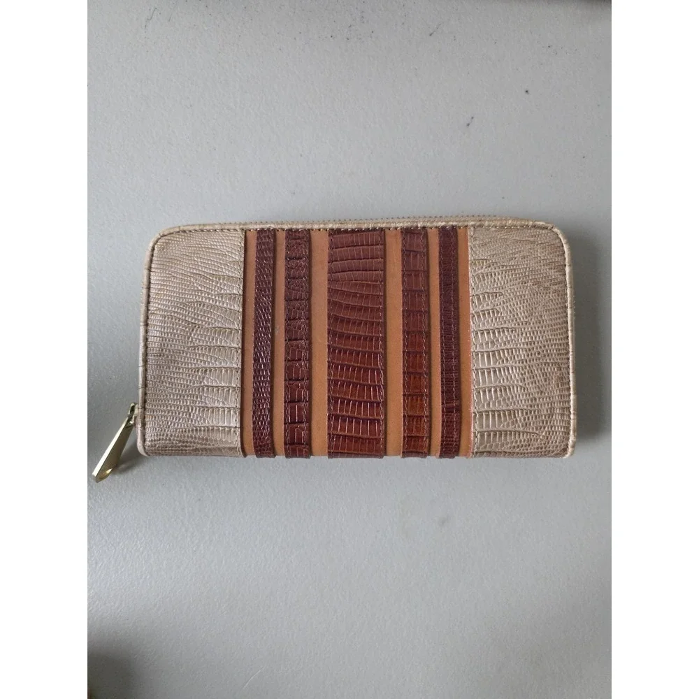Brahmin Satchel Bag Womens Medium Beige Leather Croc Embossed Stripe Wallet Set